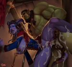  1boy 1girl beard black_hair braid breasts colored_skin cum cum_in_pussy cum_on_body cum_on_legs darkra draenei earrings excessive_cum facial_hair green_skin hetero horns jewelry large_breasts long_sleeves muscular muscular_male nipples nude orc pointy_ears purple_skin sex tail tusks twin_braids twintails warcraft world_of_warcraft 