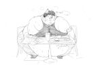 anthro arm_support belly belly_overhang belly_squish big_belly big_butt blush bracelet breath burger butt canid canine canis chair chubby_cheeks clothed clothing dialogue double_chin ear_piercing english_text food furniture hair jewelry male mammal monochrome moobs morbidly_obese morbidly_obese_anthro morbidly_obese_male obese obese_anthro obese_male open_mouth open_smile overweight overweight_anthro overweight_male panting piercing sitting smile solo spiked_bracelet spikes squish table text thick_thighs torn_clothing tray wide_hips wllyswrld wolf