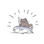  :3 animal_focus animal_with_hair animalization ao_kaeru brown_cat brown_hair cat closed_mouth commentary emphasis_lines fish fujishima_megumi highres holding holding_knife knife link!_like!_love_live! long_hair looking_at_viewer love_live! no_humans purple_eyes simple_background smile solo symbol-only_commentary virtual_youtuber white_background 