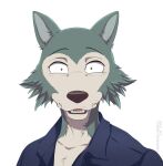 anthro beastars canid canine canis cheek_tuft clothing digital_drawing_(artwork) digital_media_(artwork) eyebrows facial_tuft fangs fur legoshi_(beastars) looking_at_viewer madaraoluv2 male mammal multicolored_body multicolored_fur open_mouth open_smile pointy_ears pupils samash_(tommysamash) shirt simple_background small_pupils smile teeth tongue topwear tuft wolf