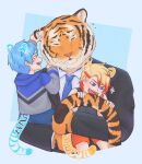  3boys aged_down animal_ears axel_syrios black_suit blonde_hair blue_background blue_hair blue_necktie business_suit carrying carrying_multiple_people carrying_person child child_carry collared_shirt cropped_legs cropped_torso drawn_ears drawn_tail furry furry_male grabbing_another&#039;s_tail halftone halftone_background hanxiucao highres holostars holostars_english hood hoodie male_focus multicolored_hair multiple_boys necktie red_hair regis_altare shirt sigh streaked_hair suit tail tiger tiger_boy tiger_ears tiger_tail toramane upper_body virtual_youtuber 