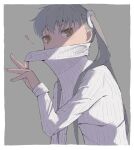  1girl border breasts brown_eyes covered_mouth grey_background grey_hair heart highres long_hair long_sleeves looking_at_viewer monogatari_(series) oikura_sodachi owarimonogatari rhinth ribbed_sweater small_breasts solo sweater turtleneck turtleneck_sweater twintails upper_body white_border white_sweater 