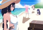  <|>_<|> 4girls bare_shoulders beach bikini black_bikini black_bow black_hair black_wings blue_archive bow brown_hat closed_mouth cross cross_earrings crossed_bangs earrings feathered_wings from_behind from_side hair_bow hair_over_one_eye hanako_(blue_archive) hanako_(swimsuit)_(blue_archive) hat head_wings highres hinata_(blue_archive) hinata_(swimsuit)_(blue_archive) holding holding_paper jewelry koharu_(blue_archive) koharu_(swimsuit)_(blue_archive) long_hair looking_at_another low_twintails multiple_girls ocean official_alternate_costume one-piece_swimsuit paper pink_hair ponytail red_eyes see-through_clothes see-through_shirt shirt sidelocks smile sun_hat swimsuit twintails ui_(blue_archive) ui_(swimsuit)_(blue_archive) very_long_hair white_one-piece_swimsuit wings yabamizawa_yamu 