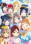  ahoge beach black_hair blonde_hair blue_eyes blue_hair blush bow bowtie braid brown_hair closed_eyes closed_mouth cloud cloudy_sky everyone frills green_eyes grey_hair hair_bow hat highres jewelry koi_ni_naritai_aquarium kunikida_hanamaru kurosawa_dia kurosawa_ruby long_hair looking_at_viewer love_live! love_live!_sunshine!! matsuura_kanan microphone mizukoshi_(marumi) multiple_girls necklace ocean ohara_mari open_mouth pearl_necklace pink_hair ponytail purple_eyes purple_hair red_hair sakurauchi_riko salute short_hair sky smile takami_chika tsushima_yoshiko watanabe_you water wavy_hair yellow_eyes 