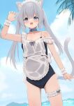  1girl :d absurdres animal_ears apron black_one-piece_swimsuit blue_collar blue_eyes blue_sky blurry blurry_background breasts cat_ears cat_girl cat_tail cloud collar collarbone commentary_request day grey_hair highres hinata_(user_rjkt4745) looking_at_viewer maid_headdress ocean one-piece_swimsuit open_mouth original outdoors sky small_breasts smile solo swimsuit swimsuit_under_clothes tail thigh_strap white_apron wrist_cuffs 
