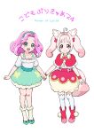  2girls :d ahoge animal_ears blue_eyes boots bow bow_skirt bracelet brooch capelet closed_mouth collarbone collared_capelet commentary delicious_party_precure flower fox_ears fox_girl fox_tail full_body green_hairband green_shoes green_skirt hair_bow hair_flower hair_intakes hair_ornament hairband hanami_kotoha heart heart_brooch high-waist_skirt highres holding_hands jewelry kome-kome kome-kome_(human) long_hair looking_at_viewer mahou_girls_precure! medium_hair multiple_girls off-shoulder_shirt off_shoulder open_mouth parted_bangs pink_boots pink_bow pink_capelet pink_eyes pink_hair pink_skirt precure shirt shoes short_sleeves simple_background skirt smile socks split_mouth standing tail thighhighs twintails two-tone_skirt white_background white_flower white_shirt white_thighhighs yakizakana10967 yellow_skirt yellow_socks 