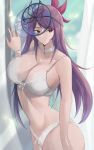  1girl absurdres bare_arms bare_shoulders bra bracelet breasts calmgreentori choker cleavage closed_mouth fascinator fire_emblem fire_emblem_engage highres ivy_(fire_emblem) jewelry lace lace-trimmed_bra lace-trimmed_panties lace_trim large_breasts long_hair looking_at_viewer looking_to_the_side mole mole_under_mouth navel panties purple_eyes purple_hair see-through_clothes see-through_headwear solo stomach underwear upper_body very_long_hair white_bra white_choker white_panties 