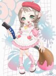  1girl apron back_bow beret bow braid breasts brown_hair carrot_hair_ornament collared_dress commentary dress eyebrow_cut fang food-themed_hair_ornament full_body green_eyes hair_ornament hairclip hat highres holding holding_weapon inkbrush_(splatoon) kneehighs long_hair looking_at_viewer mary_janes multicolored_hair necktie octoling octoling_girl octoling_player_character open_mouth pink_dress pink_hat pink_socks puchiman puffy_short_sleeves puffy_sleeves rabbit_hair_ornament ribbon sample_watermark shoes short_sleeves signature skin_fang sleeve_ribbon smile socks solo splatoon_(series) standing streaked_hair symbol-only_commentary tentacle_hair twin_braids two-tone_hair watermark watermark_grid weapon white_apron white_bow white_hair white_ribbon white_shoes yellow_necktie 