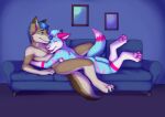 4_toes anthro anthro_on_anthro arm_around_partner arm_support arm_tuft backward_arm_support bent_arm bent_legs black_claws black_eyebrows blue_body blue_eyes blue_fur blue_hair blue_nose blue_pawpads blue_sofa brown_body brown_ear_tips brown_fur calves_up canid canine canis cheek_tuft chest_markings chevron_(marking) claws closed_smile countershade_face countershade_fur countershade_tail countershade_torso countershading cuddling detailed_background diamond_(marking) digital_media_(artwork) dipstick_ears dipstick_tail domestic_dog duo ear_markings elbow_tuft eyebrows eyes_closed facial_tuft feet finger_claw fox fur fur_markings furniture gloves_(marking) hair head_markings head_on_chest highlights_(coloring) inside interspecies leg_markings looking_at_another looking_at_partner lying lying_on_another lying_on_partner male male/male male_anthro mammal markings mixed_breed mouth_closed multicolored_ears multicolored_tail nude_anthro nude_male on_front on_sofa open_mouth open_smile pawpads paws picture_frame pink_body pink_claws pink_ears pink_eyebrows pink_fur pink_markings pink_nose pink_pawpads pink_stripes pink_tail_tip pivoted_ears pointy_ears prick_ears purple_highlights rachybluefox raised_tail reclining ring_(marking) rupert_(tcn100) shaded shadow smile socks_(marking) sofa striped_arms striped_back striped_body striped_fur striped_markings stripes tail tail_markings tan_body tan_countershading tan_fur tan_markings teeth_showing toe_claws toes tuft unknown_artist utonagan white_body white_countershading white_fur white_inner_ear
