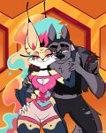49ersrule07 4:5 4_arms 5_fingers anthro arm_tattoo arthropod bee black_nose blind_eye blue_hair bottomwear breasts canid canid_demon canine clothed clothed_anthro clothed_female clothed_male clothing crop_top demon dialogue duo eye_scar facial_scar fangs female fingers fox fur grey_body grey_fur hair hand_on_face hellhound helluva_boss hi_res hybrid hymenopteran insect jacket leather leather_clothing leather_jacket leather_topwear male male/female mammal multi_arm multi_limb multicolored_body multicolored_fur mythological_canine mythological_creature mythology pants pink_eyes pink_hair queen_bee-lzebub_(helluva_boss) red_sclera scar shirt shorts smile standing tail tattoo teeth text topwear two_tone_body two_tone_fur vortex_(helluva_boss) white_body white_eyes white_fur yellow_body yellow_fur