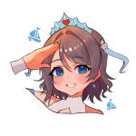  1girl blue_eyes blush brown_hair clothing_cutout earrings frills grey_hair hair_ribbon hand_up highres jewelry koi_ni_naritai_aquarium love_live! love_live!_sunshine!! ribbon rochie salute ship simple_background smile solo tiara upper_body watanabe_you watercraft wavy_hair 