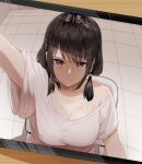  1girl alternate_breast_size arm_up bangs black_hair blurry breasts casual cellphone_picture cleavage closed_mouth collarbone commentary_request depth_of_field highres kotobuki_(stealth_sendan) large_breasts long_hair looking_at_viewer low_twintails purple_eyes shadow shirt short_sleeves single_bare_shoulder solo tamura_yuri tile_wall tiles twintails watashi_ga_motenai_no_wa_dou_kangaetemo_omaera_ga_warui! white_shirt 