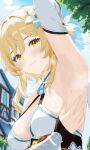  1girl absurdres arm_up armpits blonde_hair blue_sky blush breasts building choppy_bangs cleavage closed_mouth cloud commentary day detached_sleeves dress english_commentary fingernails flower from_below genshin_impact hair_flower hair_intakes hair_ornament hair_over_shoulder hand_on_own_chest highres large_breasts lewd_chan long_bangs long_sidelocks looking_at_viewer lumine_(genshin_impact) multicolored_flower orange_eyes outdoors presenting_armpit short_hair_with_long_locks sidelocks sky sleeveless sleeveless_dress smile solo standing steam steaming_body sunlight sweaty_armpits tree upper_body white_dress white_sleeves 