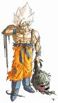  1boy battle_damage blonde_hair blue_boots boots cooler_(dragon_ball) disembodied_head dragon_ball dragon_ball_z full_body highres kakeru_(dbskakeru) medium_hair meta-cooler muscular muscular_male orange_pants pants red_eyes simple_background solo son_goku spiked_hair super_saiyan super_saiyan_1 topless_male torn_clothes torn_pants white_background 