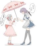  2girls alternate_costume apron arm_behind_back blue_shoes blush bow braid commentary_request cosplay costume_switch enmaided eye_contact flying_sweatdrops grey_eyes grey_hair grey_thighhighs hat hat_bow height_difference high_heels highres holding holding_umbrella izayoi_sakuya izayoi_sakuya_(cosplay) looking_at_another maid maid_apron maid_headdress mati100311 multiple_girls open_mouth parasol pink_shirt pink_skirt pointy_ears puffy_short_sleeves puffy_sleeves purple_eyes purple_hair red_bow red_shoes remilia_scarlet remilia_scarlet_(cosplay) shirt shoes short_sleeves skirt smile socks speech_bubble sweatdrop thighhighs touhou translation_request umbrella white_apron white_hat white_socks wings wrist_cuffs 