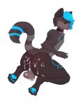  anthro backsack balls big_balls big_butt black_body black_fur blue_hair blue_markings bodily_fluids butt collar cum cum_in_ass cum_inside cum_on_balls cum_on_butt ear_piercing fur genital_fluids genitals hair hi_res hybrid lagomorph looking_back male mammal markings marsupial nude phalangeriform piercing purple_eyes simple_background smile solo surinta thick_thighs yellow_sclera 