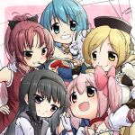  5girls absurdres akemi_homura black_hair black_ribbon blonde_hair blue_eyes blue_hair durchfallkaffee_levante food hair_ribbon highres holding holding_food holding_pocky kaname_madoka mahou_shoujo_madoka_magica medium_hair miki_sayaka multiple_girls orange_hair pink_eyes pink_hair pocky purple_eyes red_eyes red_hair ribbon sakura_kyoko salute short_twintails tomoe_mami twintails two-finger_salute yellow_eyes 