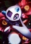  absurdres blue_eyes camellia closed_mouth colored_sclera commentary_request flower froslass highres jun_meguru looking_at_viewer no_humans pokemon pokemon_(creature) red_flower solo twitter_username yellow_sclera 