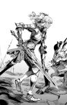  1girl armor battlefield chainmail couter cuirass cuisses dark-skinned_female dark_skin demon elf faulds gauntlets greaves highres holding holding_sword holding_weapon hooves knight monochrome monster original pauldrons pirata_(gailtonatiu) planted planted_sword plate_armor pointy_ears poleyn rerebrace sabaton sheath shoulder_armor signature sword twintails unsheathed weapon 