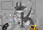anthro barcode barcode_tattoo bdc body_writing bulge butt chain collar container cup desk dragon eyes_mostly_closed femboy furniture gaming gaming_chair half-closed_eyes hi_res horn jpc_pet lipstick makeup male mug mythological_creature mythological_scalie mythology narrowed_eyes office pung pung_kung question_mark scalie slutty_face solo spade_tattoo table tail tattoo