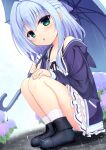  1girl :o bare_shoulders black_hoodie black_shoes blue_hair blue_panties blue_umbrella blurry blurry_background blush cameltoe collarbone commentary cross-laced_shoes dutch_angle eyes_visible_through_hair flower full_body green_eyes hair_between_eyes hair_intakes half_updo hamidashi_creative hand_on_own_knee highres holding holding_umbrella hood hood_down hoodie hydrangea looking_at_viewer medium_hair miniskirt nanatsu_(na_na_tsu) nishiki_asumi outdoors panties panty_peek pleated_skirt purple_flower rain shoes sidelocks skirt sleeves_past_wrists socks solo squatting thighs umbrella under_umbrella underwear water_drop white_skirt white_socks 