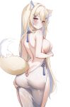  1girl alternate_costume animal_ears ass blonde_hair blue_hair blush breasts cropped_legs dog_ears dog_girl dog_tail dress from_behind fuwawa_abyssgard highres hololive hololive_english large_breasts looking_at_viewer looking_back meichan multicolored_fur multicolored_hair parted_lips pink_eyes shoulder_blades simple_background solo standing tail virtual_youtuber white_background white_dress white_fur yellow_fur 