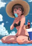  1girl 9so_(ponchon) bikini black_bikini black_hair blush breasts brown_eyes collarbone eyebrows_visible_through_hair food funami_yui hat highres navel open_mouth outdoors popsicle shiny shiny_hair short_hair side-tie_bikini sitting sky small_breasts soda_bottle solo straw_hat swimsuit tongue yuru_yuri 