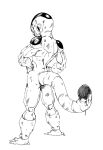  1boy alien battle_damage dragon_ball dragon_ball_z fenyon final_form_frieza frieza from_behind full_body hands_on_own_hips highres monochrome simple_background solo tail white_background 