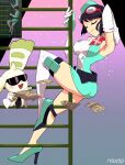  1girl ass banknote black_hair breasts closed_eyes coat digimon digimon_(creature) digimon_story:_time_stranger dress full_body game_screenshot_inset green_dress green_hat hat high_heels highres horns lab_coat ladder large_breasts money multicolored_hair pole_dancing short_hair single_horn single_thighhigh sleeveless sleeveless_dress solo_focus sunglasses supermondobeat terriermon terriermon_joshu thighhighs two-tone_hair white_coat white_dress white_thighhighs 
