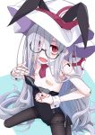  1girl animal_ears bandaid bandaids_on_nipples black_leotard black_pantyhose detached_collar doll_joints fake_animal_ears fangs flat_chest glasses grey_hair highres joints leotard long_hair looking_at_viewer melc_(ogami_kazuki) necktie ogami_kazuki open_mouth original pantyhose pasties playboy_bunny red_eyes red_necktie semi-rimless_eyewear short_necktie solo strapless strapless_leotard textless_version under-rim_eyewear very_long_hair wrist_cuffs 