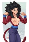  1girl belt black_hair black_pants blue_belt body_fur breasts chechi dragon_ball dragon_ball_gt genderswap genderswap_(mtf) grin long_hair looking_at_viewer medium_breasts monkey_girl monkey_tail muscular muscular_female nipples pants red_fur smile solo son_goku super_saiyan super_saiyan_4 tail teeth white_background 