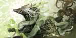  armor black_sclera branch colored_sclera dragon eastern_dragon eastern_dragon_horns from_behind gold_armor green_eyes green_theme halo helmet highres jungle mane microw monster monster_focus nature no_humans original plant snake tail tail_ornament tree vines white_hair 