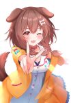  1girl ;d absurdres animal_collar animal_ears belt_collar blurry blurry_background blurry_foreground blush bone_hair_ornament braid breasts brown_eyes brown_hair buttons collar depth_of_field dog_ears dog_girl dog_tail dress foreshortening hair_ornament hairclip highres hololive inugami_korone inugami_korone_(1st_costume) jacket long_hair looking_at_viewer low_twin_braids low_twintails medium_breasts nail_polish off_shoulder one_eye_closed open_clothes open_jacket open_mouth overexposure reaching reaching_towards_viewer red_collar sleeveless sleeveless_dress smile solo tail takumin_dx twin_braids twintails upper_body v white_dress wristband yellow_jacket yellow_nails 