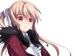  1girl baldr_sky bangs blonde_hair collared_shirt eyebrows_visible_through_hair frown fur_trim hair_ribbon highres jacket long_hair looking_down minazuki_sora plate_(pixiv_1350116) portrait red_jacket ribbon shirt solo two_side_up white_ribbon white_shirt 