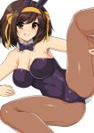  1girl animal_ears arm_support armpits bangs bare_shoulders black_bow black_bowtie black_leotard blush bow bowtie breasts brown_eyes brown_hair brown_legwear cleavage collar collarbone covered_navel detached_collar eyebrows_visible_through_hair fake_animal_ears fake_tail feet_out_of_frame grin hair_bow hair_ornament hairband haruhisky highres holding_leg large_breasts leotard looking_at_viewer lying medium_hair on_side open_mouth orange_bow orange_hairband pantyhose playboy_bunny rabbit_ears rabbit_tail simple_background single_sidelock smile solo spread_legs strapless strapless_leotard suzumiya_haruhi suzumiya_haruhi_no_yuuutsu swept_bangs tail v-shaped_eyebrows white_background white_collar wrist_cuffs 