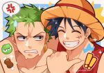  ! !! 2boys alynomali anger_vein arm_around_neck black_hair boned_meat clenched_teeth closed_eyes collarbone commentary earrings food gold_earrings green_hair grin hat highres jewelry meat monkey_d._luffy multiple_boys one_piece outside_border red_vest roronoa_zoro scar scar_on_cheek scar_on_face shirt short_hair smile sparkle spoken_anger_vein straw_hat sweat sweatdrop teeth twitter_username upper_body vest white_shirt 