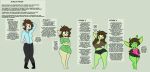 2024 barefoot bottomwear breast_growth breasts brown_hair clothing digital_media_(artwork) english_text feet female gender_transformation green_clothing grey_background growth hacsaw hair hi_res human human_to_humanoid humanoid humanoid_pointy_ears male mammal mind_control mtf_transformation pointy_ears sequence short_stack short_stackification shorts shrinking simple_background size_transformation smile solo species_transformation standing text transformation