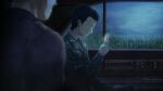  2boys beard_stubble black_shirt camouflage camouflage_jacket camouflage_pants car_interior facial_hair field game_cg grey_sky highres holding holding_phone huke jacket mature_male messy_hair multiple_boys narrowed_eyes night non-web_source official_art okabe_rintarou okabe_rintarou_(beta) pants phone ringed_eyes screen_light shirt short_hair sideburns_stubble sitting sky steins;gate steins;gate_0 stubble yellow_eyes 