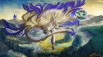  1girl absurdres arknights bare_shoulders bead_necklace beads blonde_hair breasts dragon dragon_girl dragon_horns dragon_tail eastern_dragon eastern_dragon_horns eastern_dragon_tail gradient_hair highres holding holding_sword holding_weapon horns jewelry long_hair long_sleeves medium_breasts multicolored_hair necklace rainbow s-h_(uvfu5554) scenery shirt shu_(arknights) solo strapless strapless_shirt sword tail tube_top very_long_hair weapon white_tube_top 
