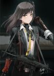  1girl absurdres black_jacket black_skirt breasts brown_eyes brown_hair commentary_request dated feet_out_of_frame gbobo girls&#039;_frontline girls&#039;_frontline_2:_exilium glowing glowing_eyes green_pupils gun h&amp;k_ump hand_in_own_hair highres holding holding_gun holding_weapon id_card jacket leva_(girls&#039;_frontline_2) long_hair looking_at_viewer mechanical_arms necktie open_clothes open_jacket open_mouth open_shirt parted_lips scar scar_across_eye scar_on_face shirt side_ponytail single_mechanical_arm skirt small_breasts solo standing submachine_gun ump45_(girls&#039;_frontline) weapon white_shirt yellow_necktie 