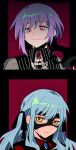  2girls :3 amoris_(bang_dream!) bang_dream! bang_dream!_it&#039;s_mygo!!!!! black_mask black_ribbon blue_brooch blue_hair chinese_commentary commentary_request hair_ribbon highres holding holding_mask long_hair mask masquerade_mask multiple_girls nervous_sweating oblivionis_(bang_dream!) pink_eyes purple_hair red_brooch red_shirt ribbon shirt short_hair sidelocks sweat togawa_sakiko unworn_mask xmyishipi yellow_eyes yuutenji_nyamu 
