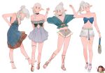  :d arm_up asimov_(spindle_(aidenr0)) bare_shoulders black_hairband blush blush_stickers bob_cut braid breasts bright_pupils brown_hair choker cleavage collarbone commentary dress elf excited eyelashes from_side full_body green_eyes green_shirt hair_bun hairband hand_up high_ponytail highres index_finger_raised looking_at_viewer looking_to_the_side medium_breasts medium_hair midriff multiple_views navel open_mouth original ottilie_(spindle_(aidenr0)) pointing pointy_ears ponytail raised_eyebrows round_teeth shirt short_hair short_shorts shorts simple_background single_blush_sticker single_braid smile spindle_(aidenr0) swept_bangs t-shirt teeth upper_teeth_only white_background white_hair 