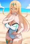  1girl absurdres beach blonde_hair breasts chest_jewel core_crystal_(xenoblade) cowboy_shot dark_skin earrings highres huge_breasts jewelry long_hair mythra_(xenoblade) ocean one-piece_swimsuit oruru63100814 parted_lips sand smile solo strapless strapless_one-piece_swimsuit swimsuit tan tanlines thigh_strap tiara water white_one-piece_swimsuit xenoblade_chronicles_(series) xenoblade_chronicles_2 