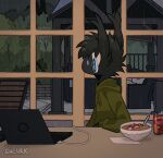  2021 anthro beverage black_body black_fur blue_eyes clothing computer detailed_background food fur green_clothing hi_res hoodie inside laptop machine male moose_(sh-4rk) protogen raining sh-4rk sitting solo topwear visor 