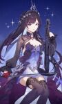  1girl asymmetrical_gloves black_gloves black_hair black_thighhighs blue_background blue_hair bow_(music) breasts cleavage colored_inner_hair commentary dress earrings gloves hair_ornament highres holding holding_bow_(music) holding_instrument holding_violin honkai:_star_rail honkai_(series) hysilens_(honkai:_star_rail) instrument jewelry large_breasts long_hair looking_at_viewer mismatched_gloves multicolored_hair necklace pearl_necklace purple_dress purple_eyes red_gloves shrug_(clothing) smile solo strapless strapless_dress suwa_(swk_kkk) thighhighs thighs tiara two-tone_hair very_long_hair violin 