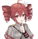  1girl ahoge black_sleeve_cuffs bow buttons double-breasted double-parted_bangs drill_hair grey_jacket hair_between_eyes hair_bow hair_ribbon hand_up hashtag-only_commentary highres index_finger_raised jacket kasane_teto kasane_teto_(sv) konru03 layered_sleeves long_sleeves looking_at_viewer musical_staff musical_staff_print open_mouth red_hair red_trim ribbon shoulder_belt shoulder_boards simple_background solo striped_clothes striped_jacket sunlight synthesizer_v transparent_background twin_drills utau white_bow white_ribbon 