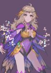  1girl ahoge alternate_costume asymmetrical_bangs bangs blonde_hair bodystocking breasts bridal_gauntlets cape circlet covered_navel fes4 fire_emblem fire_emblem_fates fire_emblem_heroes looking_at_viewer medium_breasts official_alternate_costume ophelia_(fire_emblem) pantyhose purple_background shiny solo sparkle thighs upper_body 