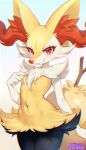  1girl animal_ear_fluff animal_ears animal_nose arm_at_side artist_name black_fur blush body_fur braixen chromatic_aberration closed_mouth commentary cowboy_shot english_commentary eyelashes fewer_digits flat_chest fox_ears fox_girl fox_tail furry furry_female gradient_background hand_up happy highres light_blush looking_at_viewer mixed-language_commentary multicolored_fur navel neck_fur patreon_username pokemon pokemon_(creature) red_eyes signature simple_background smile snout solo standing stick stomach suahh tail watermark web_address white_fur wide_hips yellow_fur 
