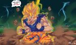  absurdres angry battle_damage blonde_hair dougi dragon_ball dragon_ball_z green_eyes highres male_focus masukoritta muscular muscular_male son_goku spiked_hair super_saiyan super_saiyan_1 torn_clothes transformation veins 