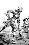  1girl armor battlefield bevor chainmail couter cuirass cuisses demon faceplate faulds full_armor gauntlets greaves helmet highres holding holding_sword holding_weapon hooves knight monochrome monster original pauldrons pirata_(gailtonatiu) planted planted_sword plate_armor poleyn rerebrace sabaton sallet sheath shoulder_armor signature sword unsheathed weapon 
